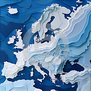 Topographic map of Europe created in a layered paper cut style with delineation of the borders of European countries. A voluminous