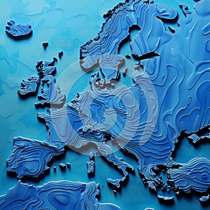 Topographic map of Europe created in a layered paper cut style with delineation of the borders of European countries. A voluminous