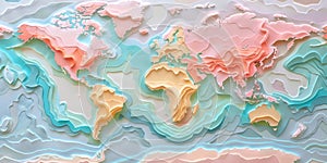 Topographic World map created in a layered paper cut style with delineation of the borders of European countries. A voluminous,