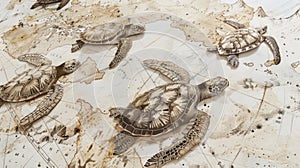 A topographical map adorned with delicate drawings of sea turtles tracing their movements as they return to nesting