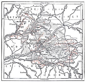 Topographical Map of Department of Loir-et-Cher in Centre, France, vintage engraving