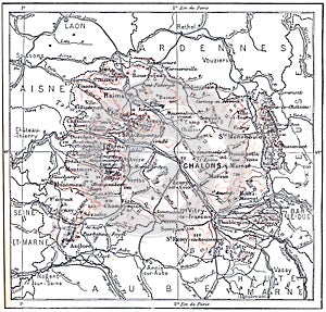 Topographical Map of Marne in Champagne-Ardenne, France, vintage