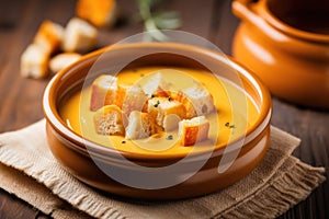 topping a bowl of lobster bisque with croutons from a rustic sack