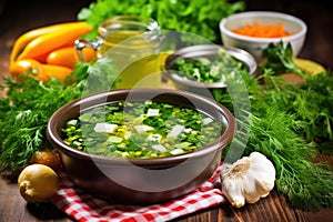 topping a bowl of vegetable soup with fresh garden herbs