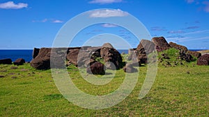 Toppled moais at Ahu Vinapu, Easter Island, Chile