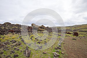 Toppled moais along the southern coast of Easter Island, Chile