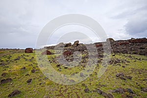 Toppled moais along the southern coast of Easter Island, Chile