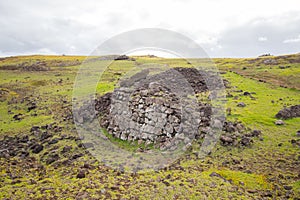 Toppled moais along the southern coast of Easter Island, Chile