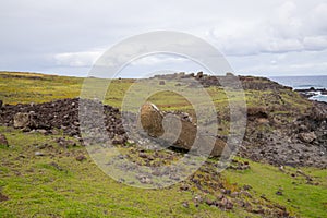 Toppled moais along the southern coast of Easter Island, Chile