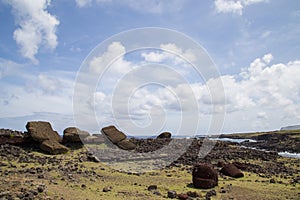 Toppled over Moais Akahanga on Easter Island