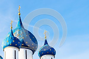 tops of Cathedral of the Nativity in Suzdal town