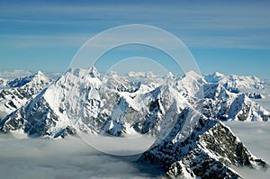 The tops of the Himalayan mountains above the clouds, view from the airplane. Nepal.