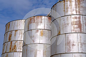 Tops of metal bins at a grain elevator in southeastern Washington, USA