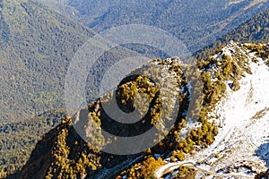 The tops of the mountains covered with snow. The slopes are thickets of yellow and green trees.