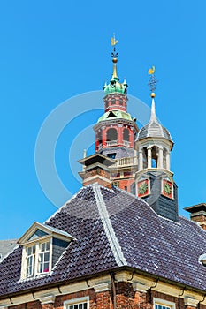 Tops of the Old Weigh House and the Grosse Kirche in Leer, Ostfriesland, Germany