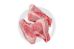 Topside sirloin beef cut, raw meat with spices. Isolated, white background.