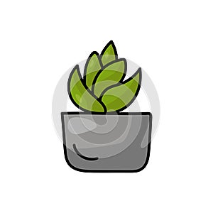 Topsy turvy pot plant in doodle style, gray flower pot and bright juicy leaves