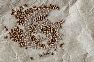 Topview of buckwheat tea in granules, on a sheet of kraft paper. close-up photo with negative space