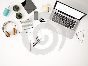 Topview of desktop computer screen on white desk,working space,working background ,interior of working room,work from home,3d rend