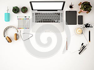 Topview of desktop computer screen on white desk,working space,working background ,interior of working room,work from home,3d rend