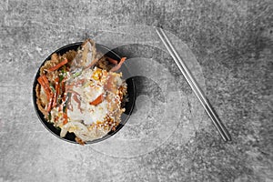 Topview Japanese food, Katsu Don is breaded deep-fried pork and eggs cooked in a sweet and salty served on rice