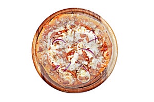 Topview Pizza Tuna on a wooden platter. White background