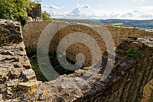 Thick stone walls of medieval castle ruin in Germany