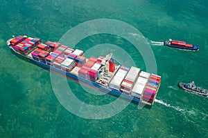 Topview of vessel transportation and container boat photo