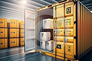 Storage of packages and container storage, in a warehouse, illustration, generative ai