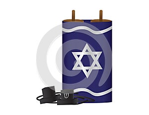 Torah scroll with Blue Silver Star of David cover, and Black tefillin
