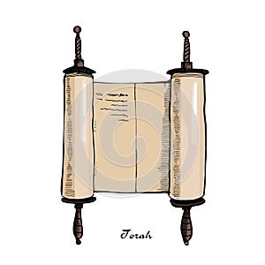 Torah scroll book bible shavuot illustration.Ancient scroll parchment with wooden handles.Hand drawn cartoon sketch.