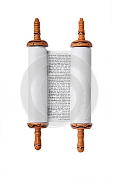 A Torah scroll in front of white background