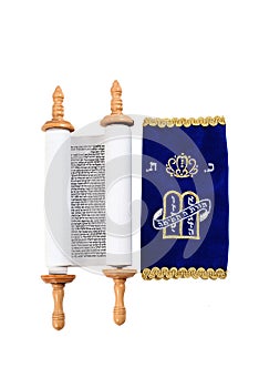 A Torah scroll in front of white background