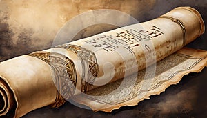 Torah scroll, Hebrew Bible on parchment. Generated with AI