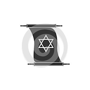 Torah scroll icon isolated. Jewish Torah in expanded form. Torah Book sign. Star of David symbol. Simple old parchment