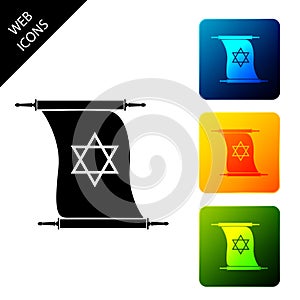 Torah scroll icon isolated on white background. Jewish Torah in expanded form. Torah Book sign. Star of David symbol