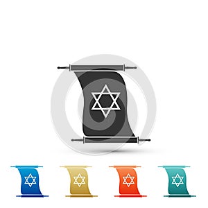 Torah scroll icon isolated on white background. Jewish Torah in expanded form. Torah Book sign. Star of David symbol