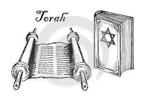 Torah scroll, Judaism religion Holy book. Ancient Jewish Bible sacred texts, holy scriptures, sketch vector illustration