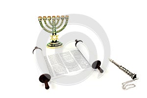 Torah scroll with menorah and pointer