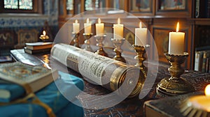 The Torah on the table signifies spiritual reverence, while its reading imparts wisdom