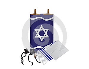 Torah, Tefillin and Tallit - Jewish Religious Symbols on White Background