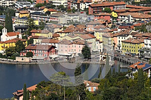 Torbole, a beautiful Italian town at Lago di Garda. Top view to the old town center. Trentino, Italy