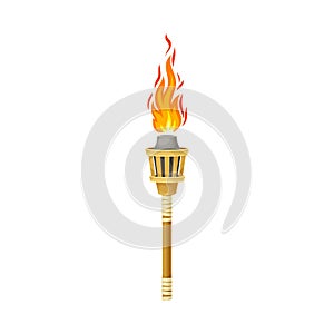 Torch with Brightly Burning Fire on Top as Ignited Light Source Vector Illustration