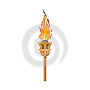 Torch with Brightly Burning Fire on Top as Ignited Light Source Vector Illustration
