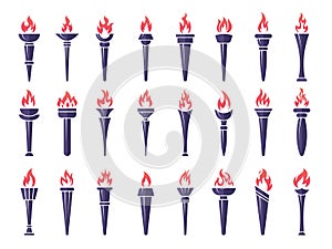 Torch collections. Graphic stylized flames on torch recent vector set of sport symbols