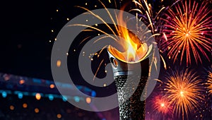 Torch with fire, symbol of event Olympics, destination celebration completion international festive