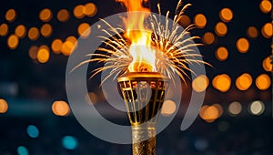 Torch with fire, symbol of the Olympics, celebration fireworks