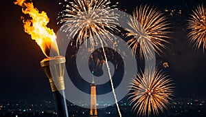 Torch with fire, symbol of the Olympics, celebration fireworks international