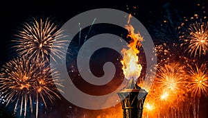 Torch with fire, symbol of the Olympics, celebration fireworks international festive