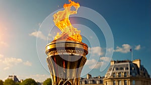 Torch with fire, symbol of the Olympics sport event tradition destination